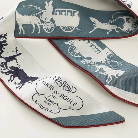 HERMES BNIB Paris Qui Roule forever Twilly Leather trim silk twilly - Picture 3 of 6